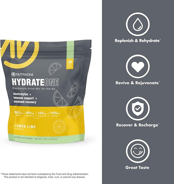 HydrateOne, Electrolyte Drink Mix On-The-Go | Lemon and Lime, 30 Servings