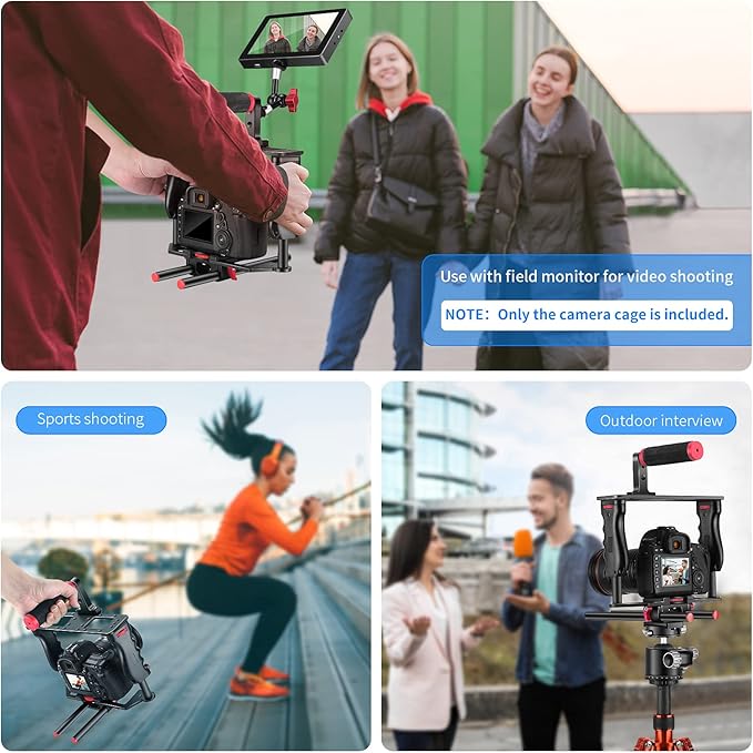 NEEWER Camera Video Cage Film Movie Making Kit, Aluminum Alloy with Top Handle, Dual Hand Grip, Two 15mm Rods, Compatible with Canon Sony Fujifilm Nikon DSLR Camera and Camcorder (Black + Red)