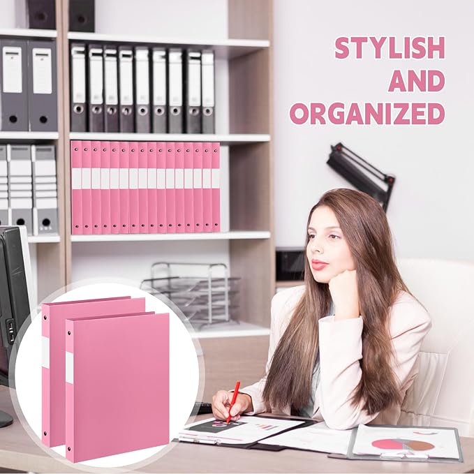 Henoyso 36 Pcs 3 Ring Binder 1/2'' Round Fits Letter Size 8.5'' x 11'' Paper Plastic Flexible Binder Holds 140 Sheets with 1 Pockets Versatile Organizer for Home Office School (Pink)