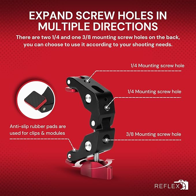 REFLEX CAMERA Super Clamp With 1/4" and 3/8" Threaded Holes for Mounting Cameras, Lights, Umbrellas, Hooks, Shelves, Plate Glass, Cross Bars, compatible with Magic Arm and more...