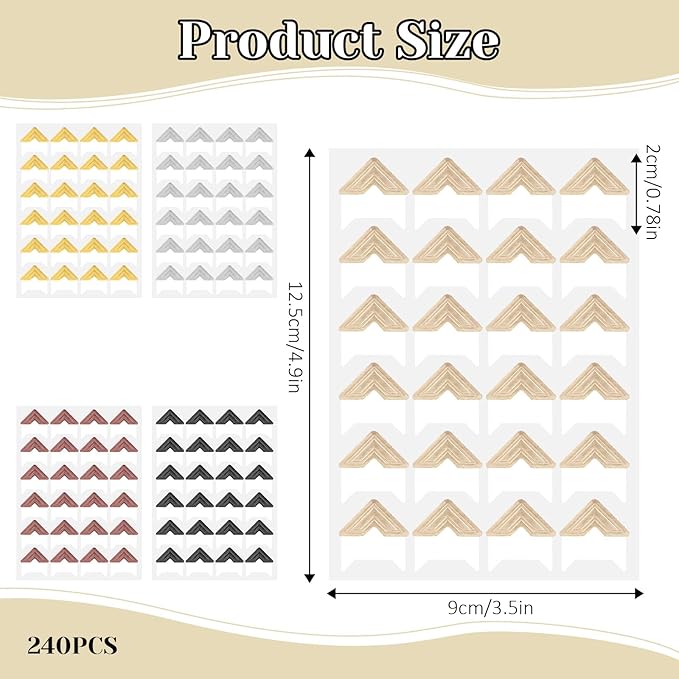 240 Pieces Photo Corner Stickers, Photo Corners for Scrapbooking Self-Adhesive Mounting Corners Photos Album Corner Protectors for DIY Scrapbook Album Journal