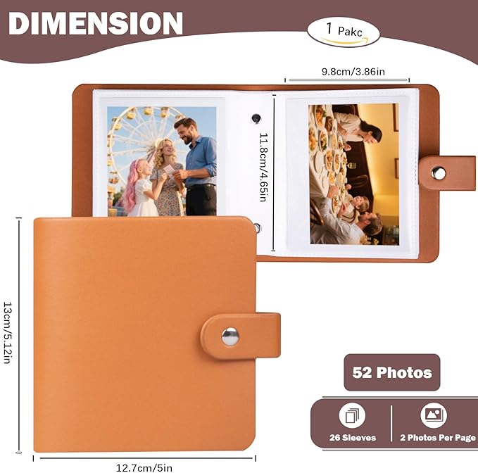52 Pockets Mini Photo Album Fits Polaroid 600/i-Type/SX-70 Instant Film & Fujifilm Instax Wide 300/400 Instant Photos,PU Leather Cover 3.5x4.25 Inch Pictures Book (Brown)