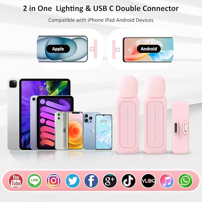 2 Pack Wireless Lavalier Microphone for iPhone iPad Android with Charging Case - 7H Clip on Lapel Microphone Wireless for Video Recording Vlogging, YouTube, Interview, 3 Mode Denoise (Pink)