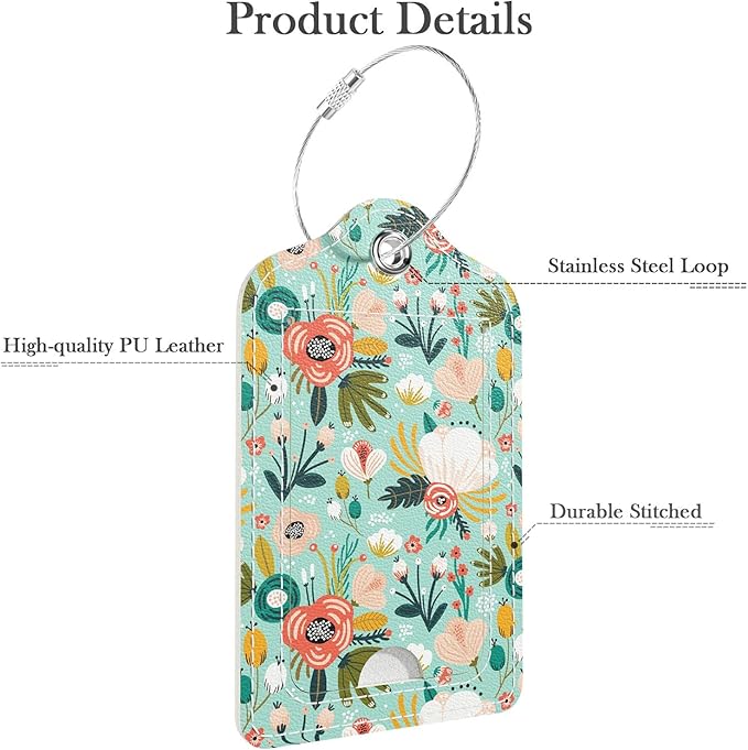Luggage Tags for Suitcase, 2 Pack PU Leather Travel Cruise Luggage Tag with Privacy Flap, Name ID Label and Metal Loop for Women Men Suitcase Baggage Bag Backpack Instrument, Green Flowers