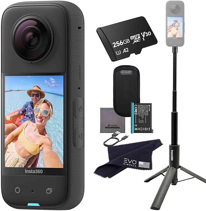 Insta360 X3 Tripod Selfie Stick Bundle- Waterproof 360 Action Camera with 1/2" 48MP Sensors, 5.7K 360 HDR Video, 72MP 360 Photo, 2.29" Touchscreen, AI Editing |Bundle Includes 2-in-1&256GB
