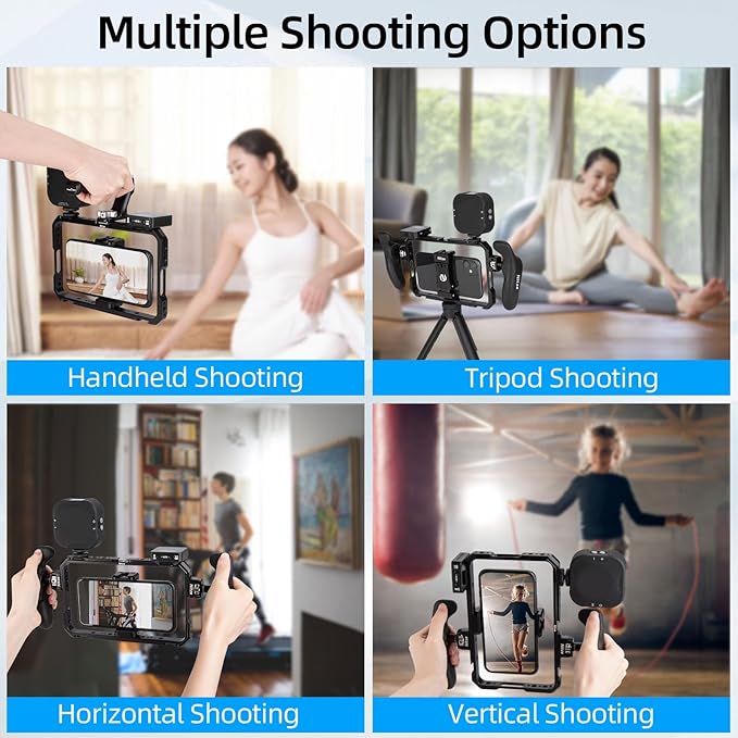Nitze Smartphone Cage, Universal Phone Video Rig, with Ergonomic Side Handles, Adjustable Cellphone Clamp and 5 Built-in Cold Shoes, for Vlogger and Videographer - T-MP01B
