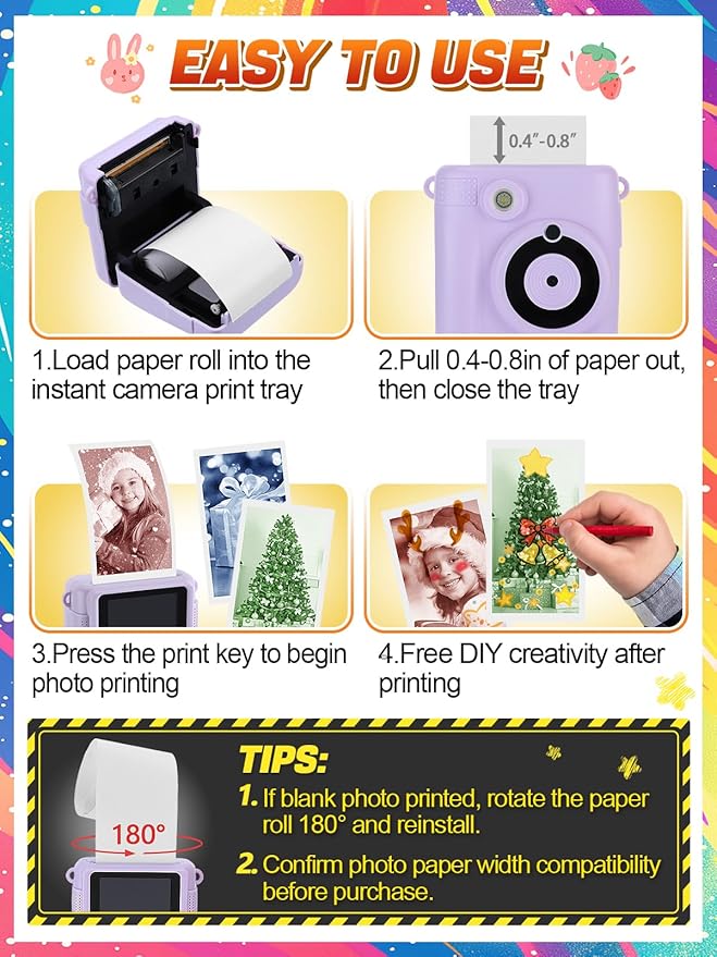12 Rolls 3-color Kids Camera Paper Roll Refill - Color-Developing Red Green Blue, Thermal Instant Camera Photo Printer for 4 5 6 7 8 9 10 Year Old Girls Boys Birthday Gifts