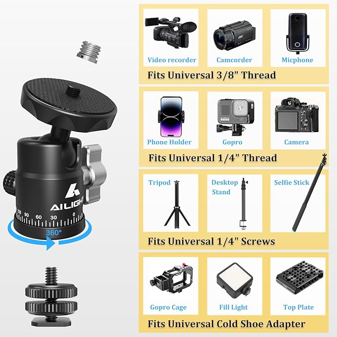 Ailight Mini Ball Head, 360° Panoramic Tripod Head, Universal 1/4" to 3/8" Screw Adapter Swivel Ball Head Tripod Mount, Dual Cold Shoe Mount for DSLR Cameras Camcorder Light Photograph Accessories