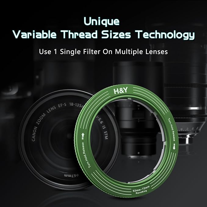 H&Y RevoRing Adjustable Step Up Ring 52-72mm to 77mm, Variable Lens Filter Adapter Ring, Universal Stepping System fits 52 55 58 62 67 72mm, Vintage Green