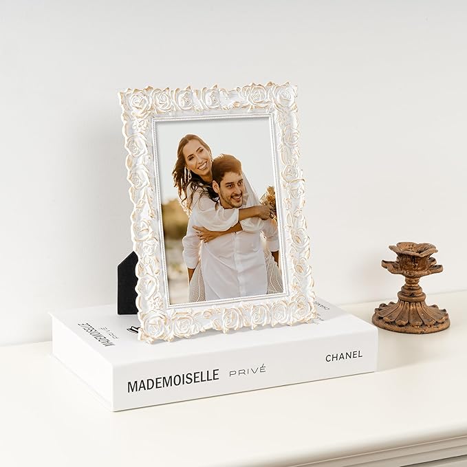 Axeman Antique Picture Frame 5x7 | Vintage 5 x 7 Picture Frame with Real Glass | Ornate Rose 5x7 Frame for Wall & Tabletop Display | White Gold 5 by 7 Frame - White Gold