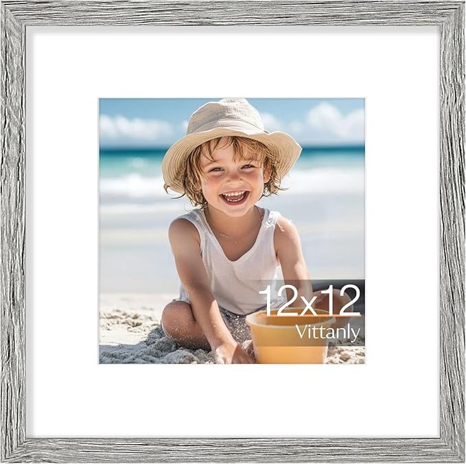 Vittanly 12x12 Picture Frame, Made of Solid Wood and Shatterproof Plexiglass, Display Pictures 8x8 with Mat or 12x12 without Mat, Wooden Photo Frame for Wall Mounting, Grey, 1 Pack