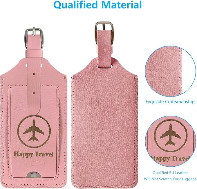 ACdream Luggage Tags 2 Pack, Leather Suitcase Tags Identifiers, Cute Cruise ID Labels with Privacy Cover fits on Backpack, Travel Bag, for Women/Men, Adults, Kids, Light Pink