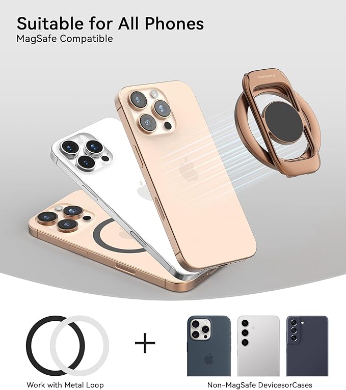 Magnetic Phone Ring Holder for MagSafe Phone Grip & Kickstand, Strong Dual-Sided Magnets Compatible with MagSafe Car Mount Gym for iPhone 17/16 Pro Max 15/14/13/12 and Android Phone Cases (Brown)
