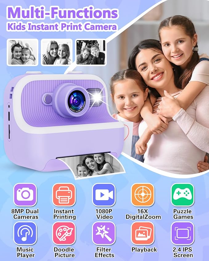 Instant Print Camera for Kids, Christmas Birthday Gifts for Girls Boys, Kids Camera Instant Print with Dual Cameras 1080P Digital Camera Toys for 4 5 6 7 8 9 10 Year Old Girl with 32GB SD Card-Purple