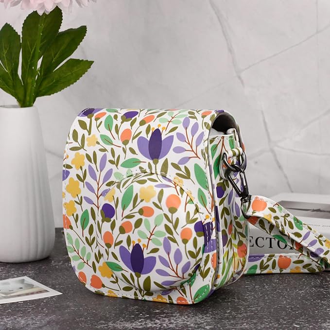 Frankmate Protective Case Fit for Fujifilm Instax Mini 12 11 9 8 Camera, PU Leather Camera Bag with Pocket and Adjustable Shoulder Strap (Flowers Green)