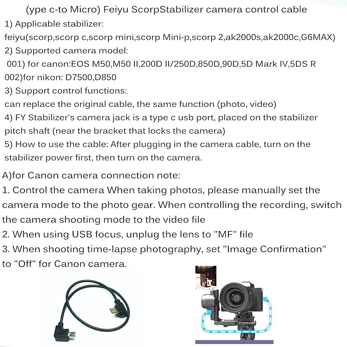 FeiyuTech Stabilizer ak2000c/s scorp/2/c g6max Connects Camera Control Data Cable for Canon EOS M50,M50 II,200D II/250D,850D,90D,5D Mark IV,5DS R (FY-Micro USB)