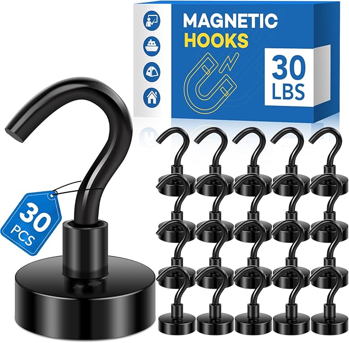 LOVIMAG Magnetic Hooks，30Lbs Magnets with Hooks for Cruise, Black Magnetic Hooks for Hanging, Fridge, Classroom, Refrigerator, Ceiling, Office, Kitchen. Grill, Garage-30Pack
