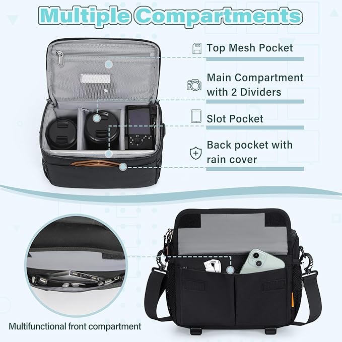 RAINSMORE Camera Bag for DSLR SLR Mirrorless Camera,Small Camera Sling Bag for Photographers Waterproof Camera Case with Tripod Holder Compact Camera Bag Crossbody with Rain Cover Black
