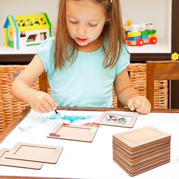 kukmakri 30 Pack Unfinished Wooden Picture Frames Set with 4x6 inch Photos, Wooden Frames for Crafts, Standing Postcard & Photos Picture Frame Set –Suitable for Crafts DIY, Souvenir decoration