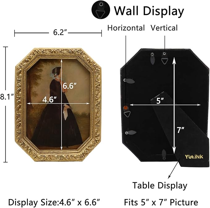 5x7 Vintage Picture Frame, Antique Ornate Gold Octagon Photo Frame, for Tabletop and Wall Display, Decorative Retro Home Decor, Old Fashioned Photo Gallery Art