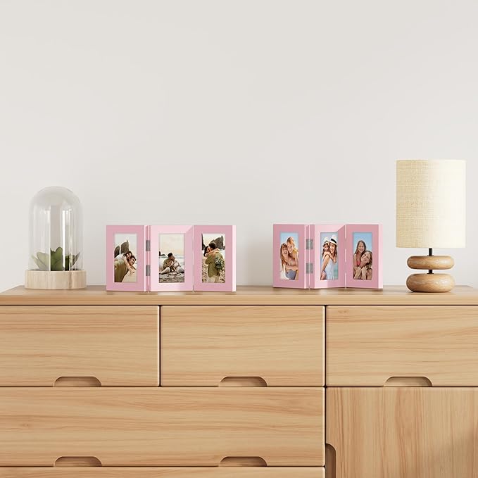 decorUhome Triple 4x6 Picture Frame Vertical, Engineered Wood Trifold Photo Frame with Plexiglass for Tabletop Display, 4x6, Pink