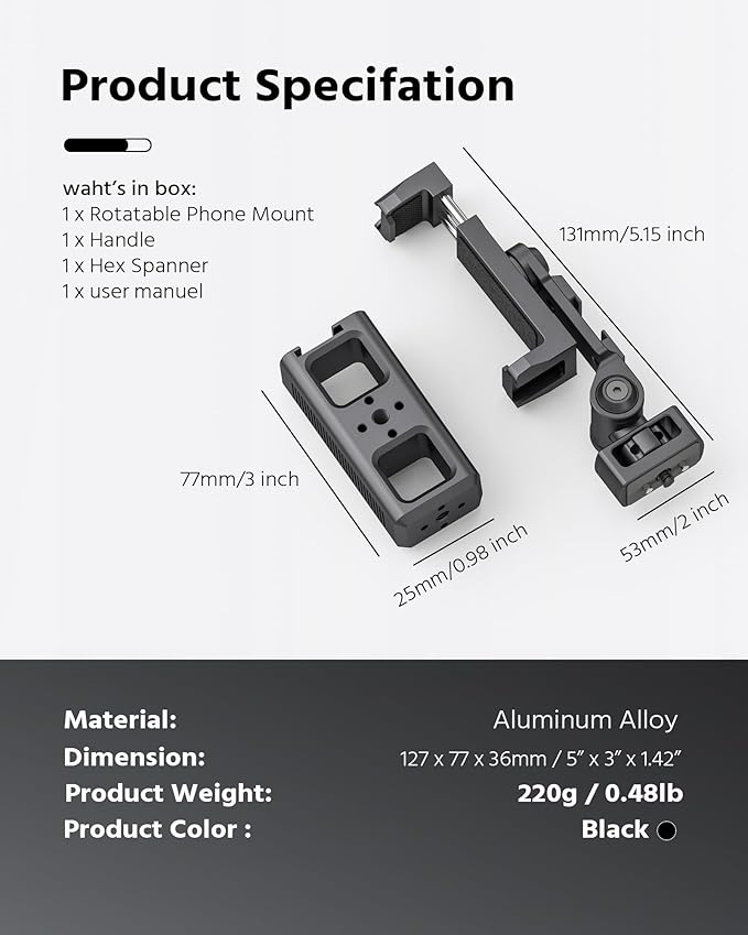 Phone Clip Rig Stabilizer for Smartphone, Lightweight Handheld Vlogging Rig with 360° Rotation, Grip & Cold Shoe Mounts | Compatible with Most Smartphones (for Arri-Standard)