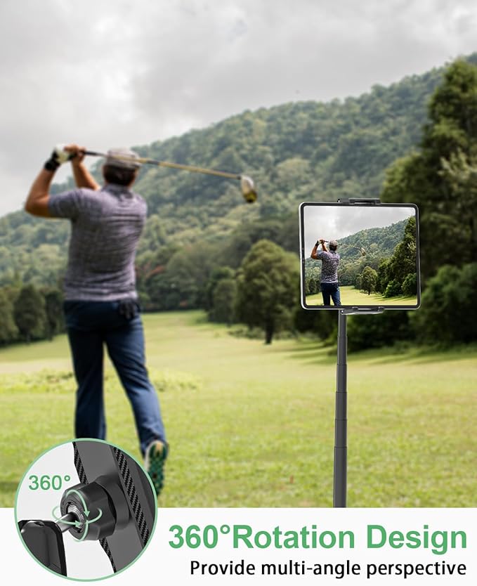 FreeSave Golf Monopod Tablet Stand with Ground Spike Stakes, Quick-Set 360° Metal Foldable Tablet Mount for Outdoor Use, Fits iPad Pro/Air/Mini, Galaxy, 6.1-15.6" Devices and Thick Cases [Up to 1.18"]