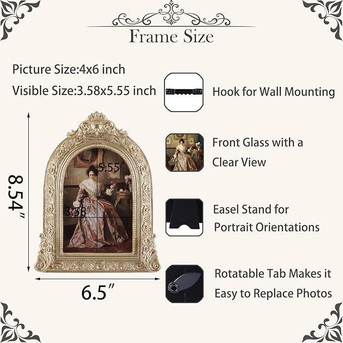 Vintage Picture Frames 4x6 Ornate Gold Antique Picture Frames for Wall and Tabletop Vintage Photo Frame Victorian Home Decor Gallery Wall Decor in Arch Shape