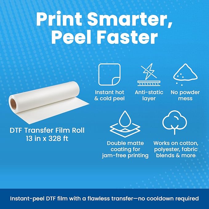 DTF Transfer Film Roll – Premium A3+ 13 inch x 328 ft – Double Matte Anti-Static PET Film – Instant Hot & Cold Peel Heat Transfer Paper for Vibrant Colors & Durable Prints on All Fabrics