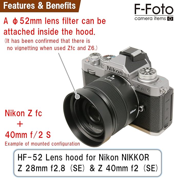 F-Foto HF-52U 52mm Metal Screw-in Lens Hood — Anodized Aluminum, Threaded Inner Ring for 52mm Filters — Durable Protective Hood for Nikon Z 28mm/40mm & 52mm Lenses — Inspected in Japan,HF-52U