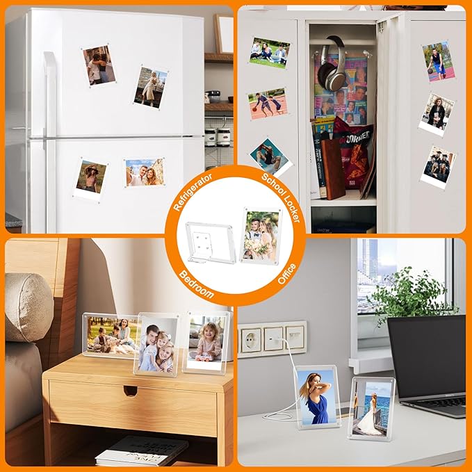 VZZNN 4 Pack Acrylic Magnetic Picture Frames 2.36x3.54 with Removable Magnetic Stand Instax Mini Frame Acrylic Tabletop Photo Frames Magnetic Polaroid Frames 2x3 Picture Frame For Tabletop Home Decor