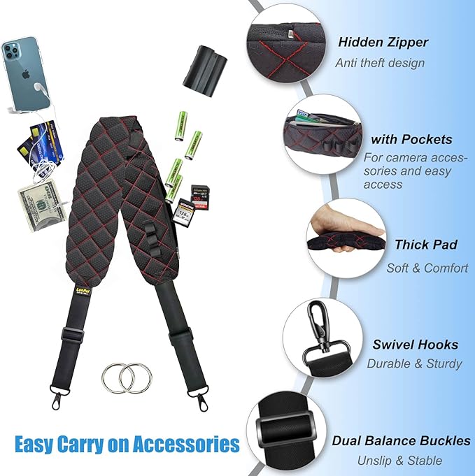 LONPAI Ultra Comfortable Camera Strap with Pockets and Thick Padded for Photographers, Adjustable Universal Cam Neck Belt