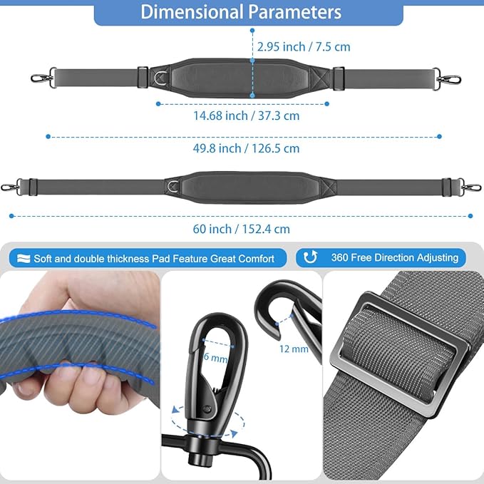 ZINZ Fixed Pad Bag Strap 60 inch Belt with Cushion Breathable Pad,Durable Strap with Double Adjustable Buckle and Metal Hooks