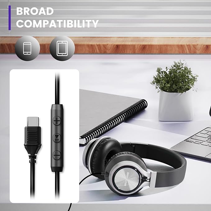 INFURTURE USB C Headphones with Mic,Volume Control,Tangle-Free Plaiting Line,Type C Headphones Wired,Lightweight Foldable for iPhone 17/15/16 Headphone Series/Tablet/School/Travel/Sports/Audiobooks