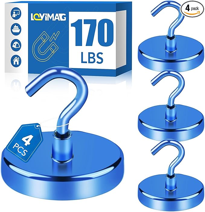 LOVIMAG Magnetic Hooks Heavy Duty, 170LBS Strong Magnets with Hooks for Cruise Cabins, Neodymium Magnet Hooks for Hanging, Blue Magnetic Hooks for Kitchen, Tool Room, Grill- 4 Pcs