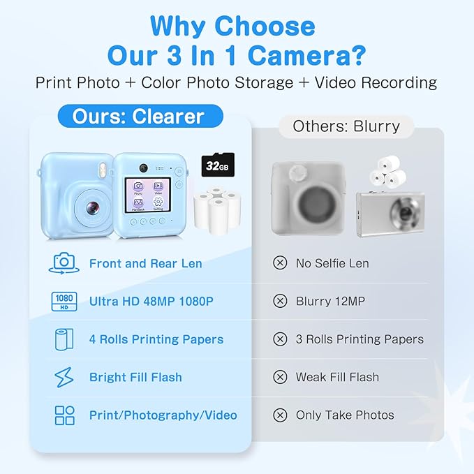 Kids Camera Instant Print, Dual-Lens 48MP Digital Camera for Christmas Birthday Gifts, 1080P Selfie Instant Cameras for Kids with 32GB Card, Print Digital Cameras for Girls Boys-Blue