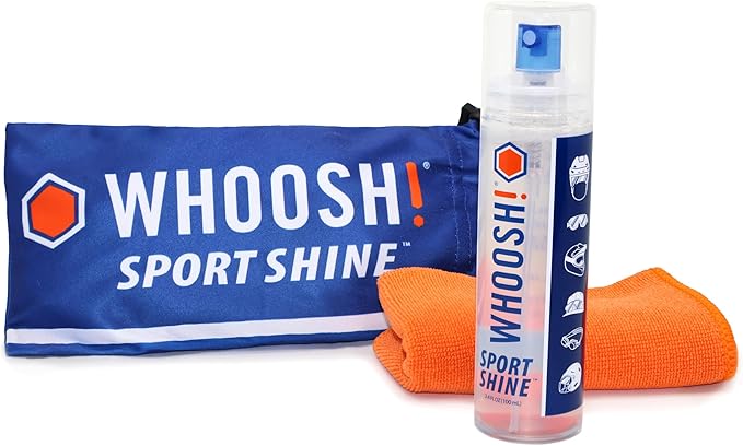 WHOOSH! Sport Shine 3.4 fl oz Anti-Fog Spray for Glasses – Odorless, Non-Toxic with Streak-Free Finish – Lens Cleaner for Goggles, Visors & Face Shields – 9x9” Microfiber Cloth & Storage Bag Included