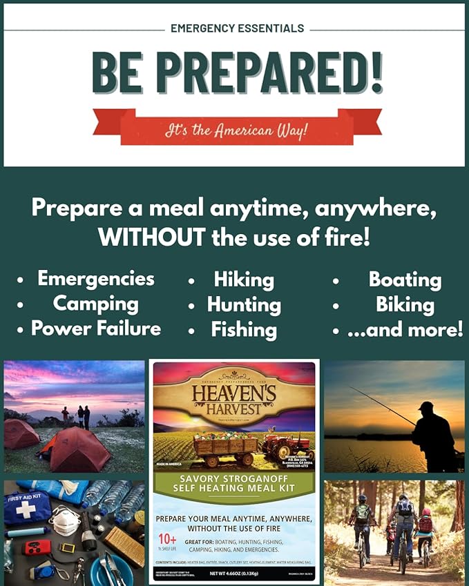 Heaven's Harvest Self Heating Meal Kit - Just add water to activate the heating element and the cooking process begins! Emergency Survival Food with a 10-Year Shelf Life (6-pack, Savory Stroganoff)