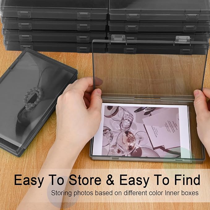 Bluedale Photo Storage Box with 10 Inner 4" x 6" Black Photo Cases, Waterproof Craft Keeper with Handle, Organizer Container Box with 1 Sheet Label Sticker for Picture Seeds Craft Supplies