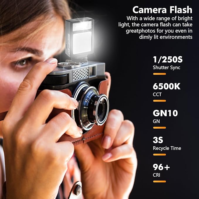 Camera Flash with Video Light, 2500K-6500K Mini Flash Speedlite, Adjustable Brightness Small Camera Speedlight, Universal Single Contact Hot Shoe Mount, Compatible with Canon/Nikon/Sony/Fuji/DSLR