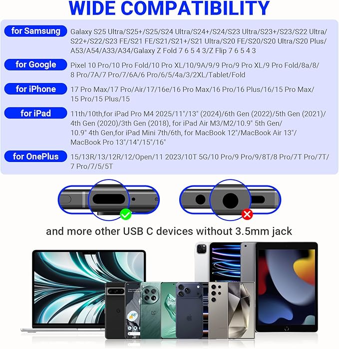 USB C Headphones for iPhone 17 Air 16 Pro Max 15, Type C Earphones with Microphone Magnet HiFi Stereo Wired Earbuds for Samsung Galaxy S26 S25 Ultra S24+ 23 A53 S21 S20 FE Flip 7 Fold/Pixel 10, White