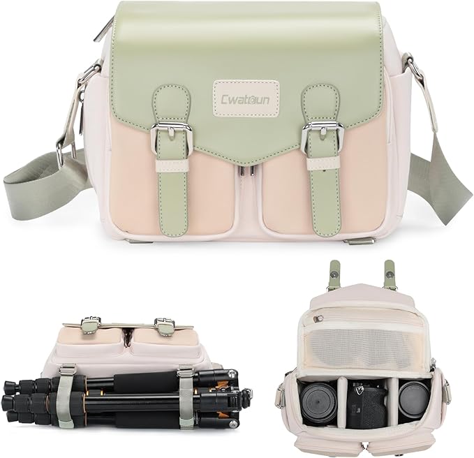 Cwatcun Camera Messenger Bag, Waterproof Flap Camera Crossbody Shoulder Case with Tripod Holder, Travel Photography Bag for Canon, Nikon, Sony, Fuji DSLR/SLR/Mirrorless Camera, Lens （Light Green）, M