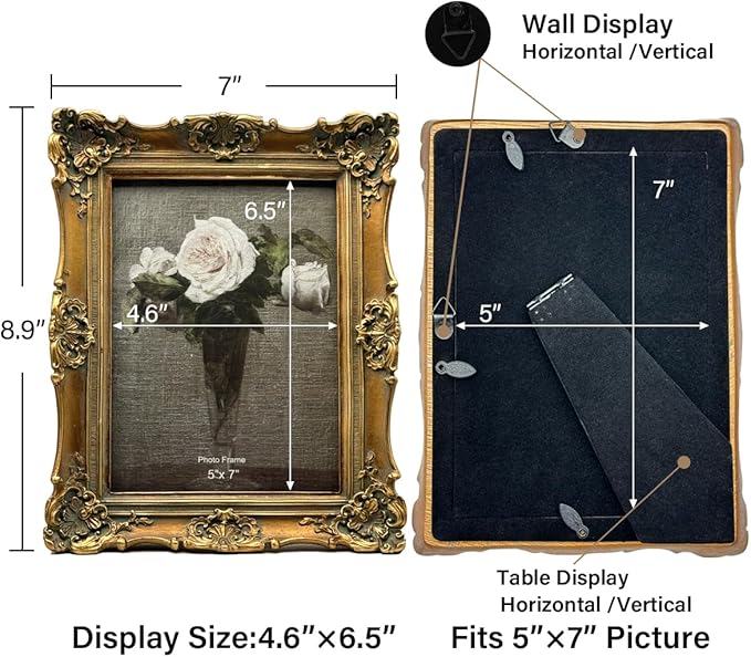 CISOO 5x7 Vintage Picture Frame Antique Ornate Bronze Gold Photo Frame, for Table Top and Wall Display, Decorative Floral Design Retro Home Decor, Photo Gallery Art