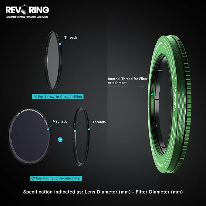 H&Y RevoRing Adjustable Step Up Ring 67-82mm to 82mm, Variable Lens Filter Adapter Ring, Universal Stepping System fits 67 72 77 82mm, Vintage Green