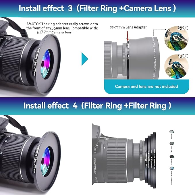 55mm Lens to 77mm Camera Lens Adapter,55mm to 77mm Filter Step-up Ring Adapter Ring,Compatible All 77mm Filter Accessory