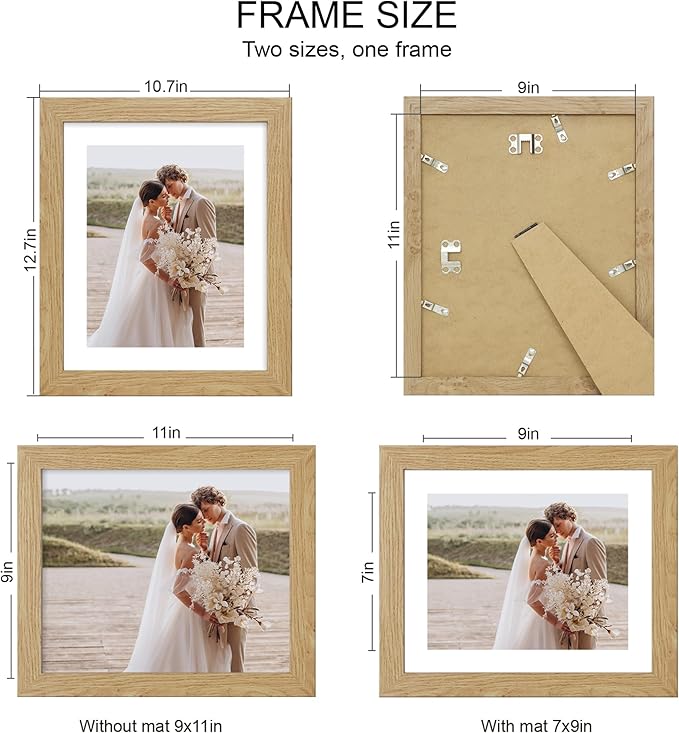 9x11 Picture Frame Set of 4, Made of Real Glass and Natural Oak Frame - Display Picture 7x9 with Mat or 9x11 Without Mat, 9 by 11 Photo for Wall or Tabletop