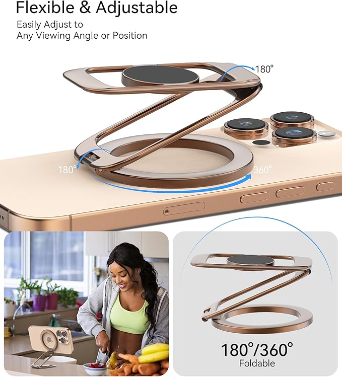 Magnetic Phone Ring Holder for MagSafe Phone Grip & Kickstand, Strong Dual-Sided Magnets Compatible with MagSafe Car Mount for iPhone 17/16/15/14/13/12 Pro Max and Android Phone Cases (Gold)