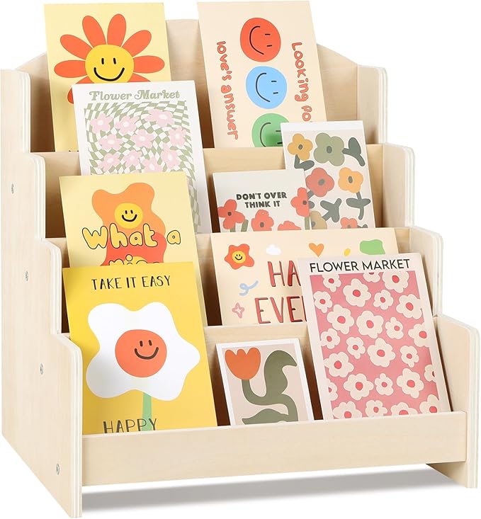 VOGGV Greeting Card Display Stand Holder - 4-Tier Wooden Organizer Rack for Postcards, Stickers, Bookmarks & Tabletop Book Display, Sturdy Card Display Shelf for Retail or Home