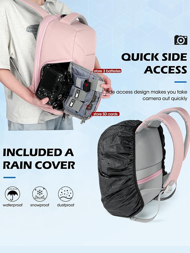 RAINSMORE Camera Bag Professional DSLR SLR Mirrorless Photography Camera Backpack 15.6 Inch Waterproof Camera Case With Tripod Holder&Laptop Compartment for Canon Nikon Sony Photographers Pink