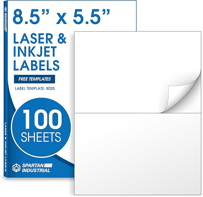 8.5" X 5.5" Matte White Printable Half Sheet Shipping Labels (100 Sheets, 200 Stickers) Mailing and Address Labels for Laser & Inkjet Printers - Spartan Industrial Template R025